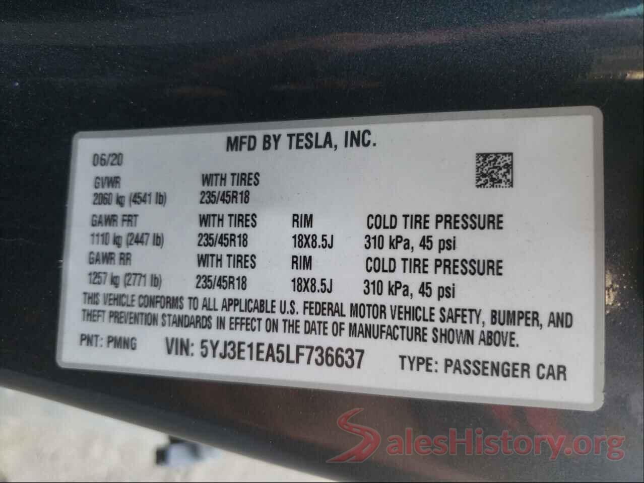 5YJ3E1EA5LF736637 2020 TESLA MODEL 3