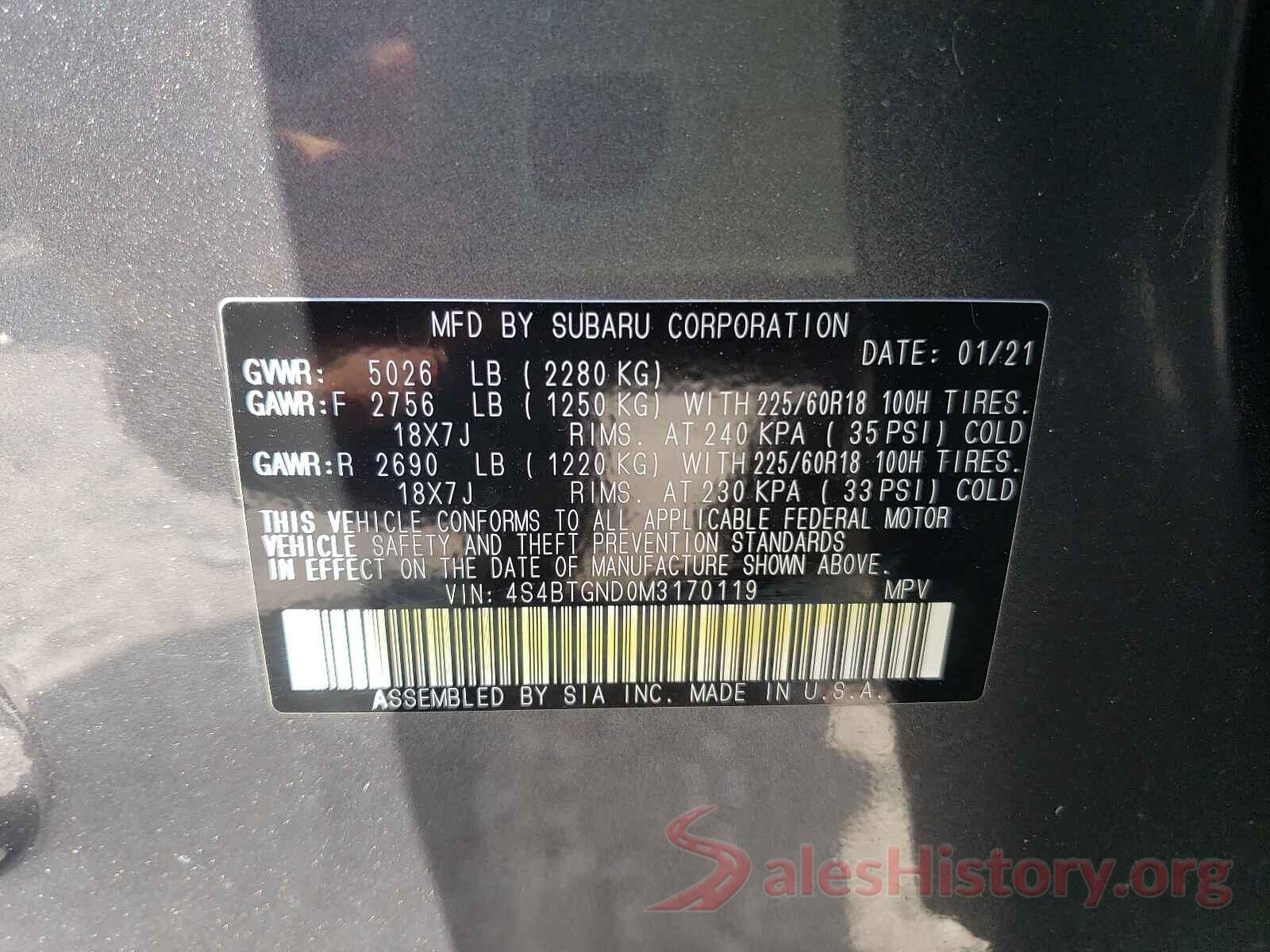 4S4BTGND0M3170119 2021 SUBARU OUTBACK