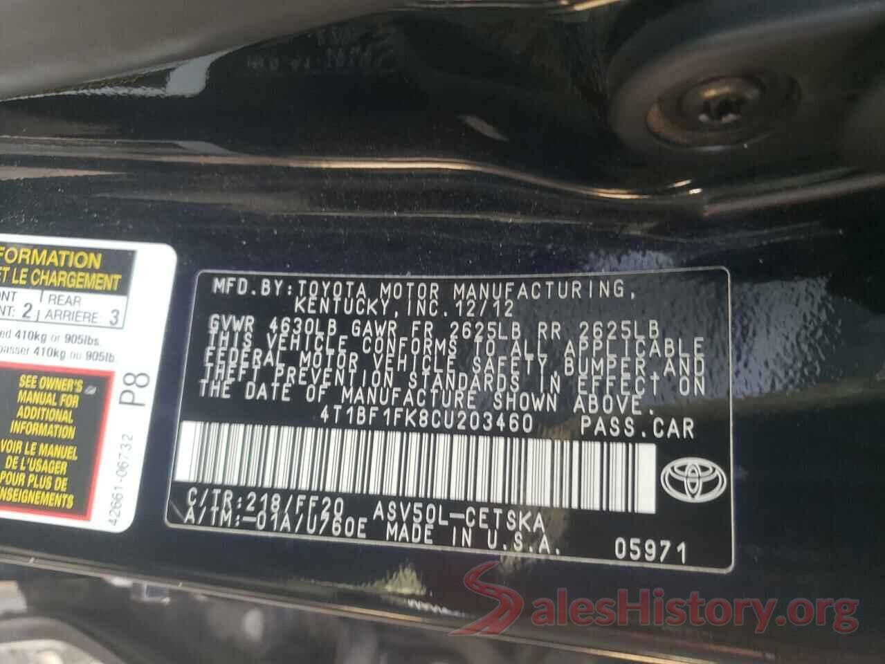 4T1BF1FK8CU203460 2012 TOYOTA CAMRY