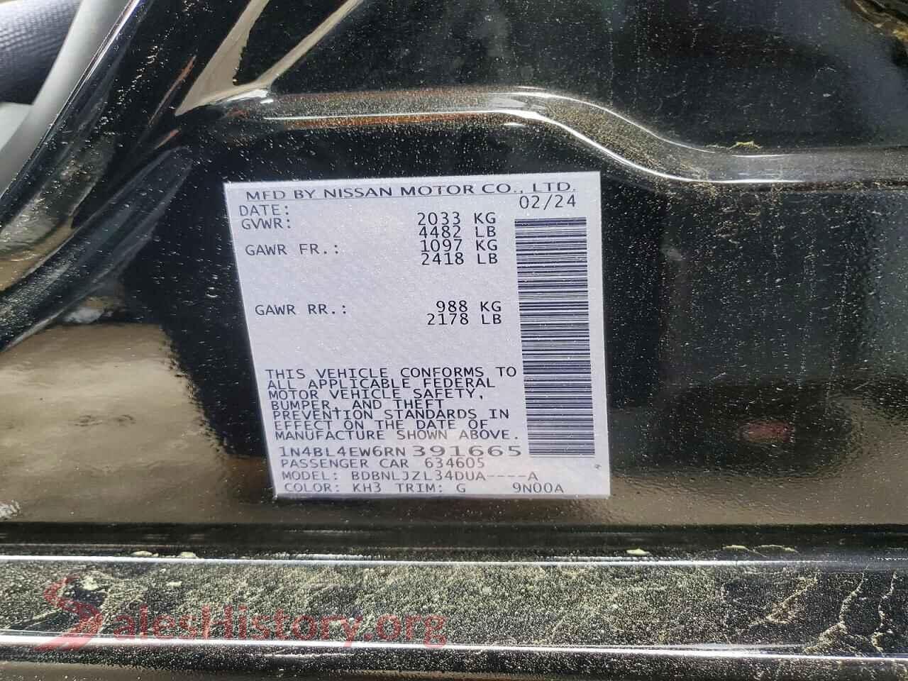2024 NISSAN ALTIMA VIN 1N4BL4EW6RN391665, trunk area