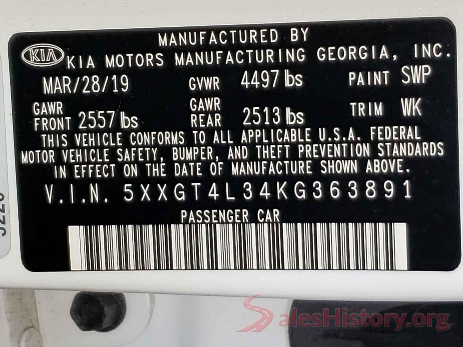 5XXGT4L34KG363891 2019 KIA OPTIMA