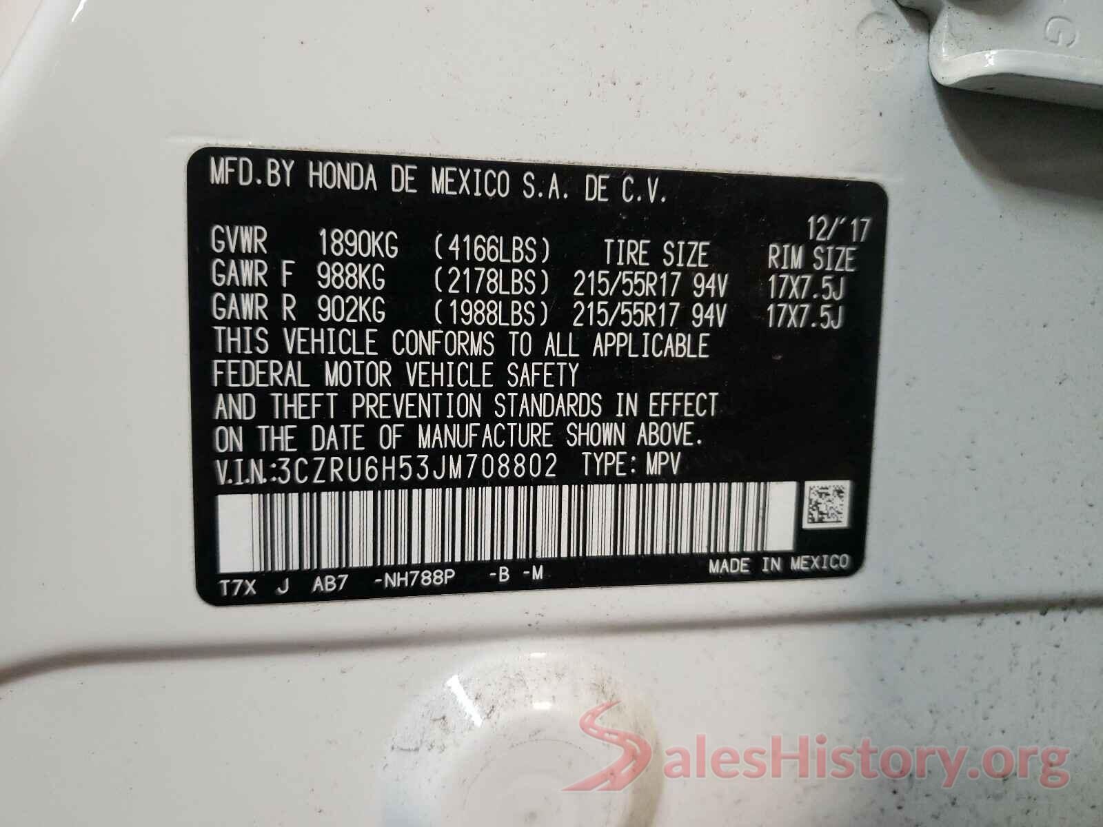 3CZRU6H53JM708802 2018 HONDA HR-V