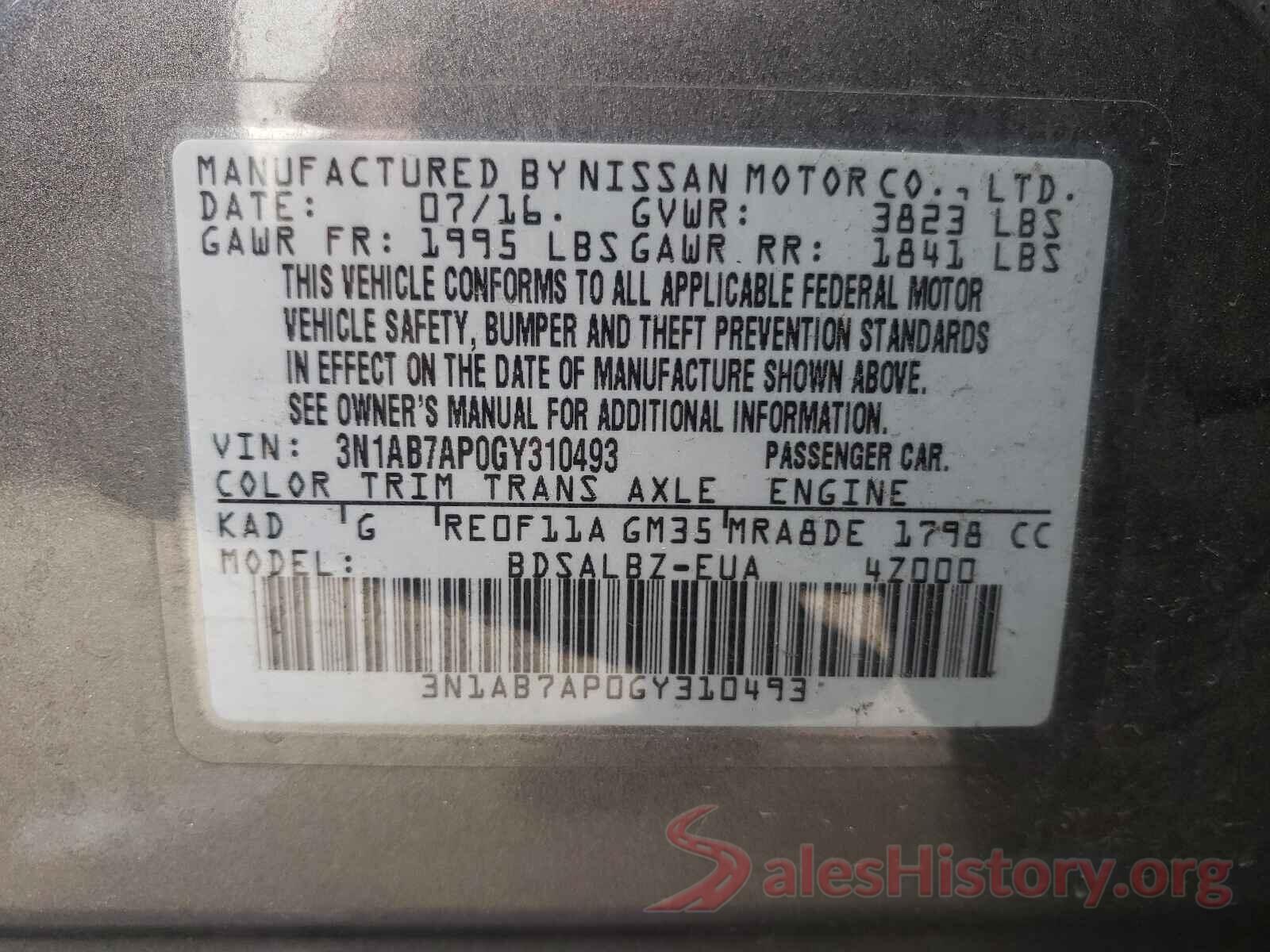 3N1AB7AP0GY310493 2016 NISSAN SENTRA