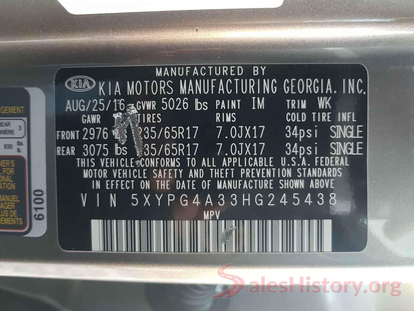 5XYPG4A33HG245438 2017 KIA SORENTO