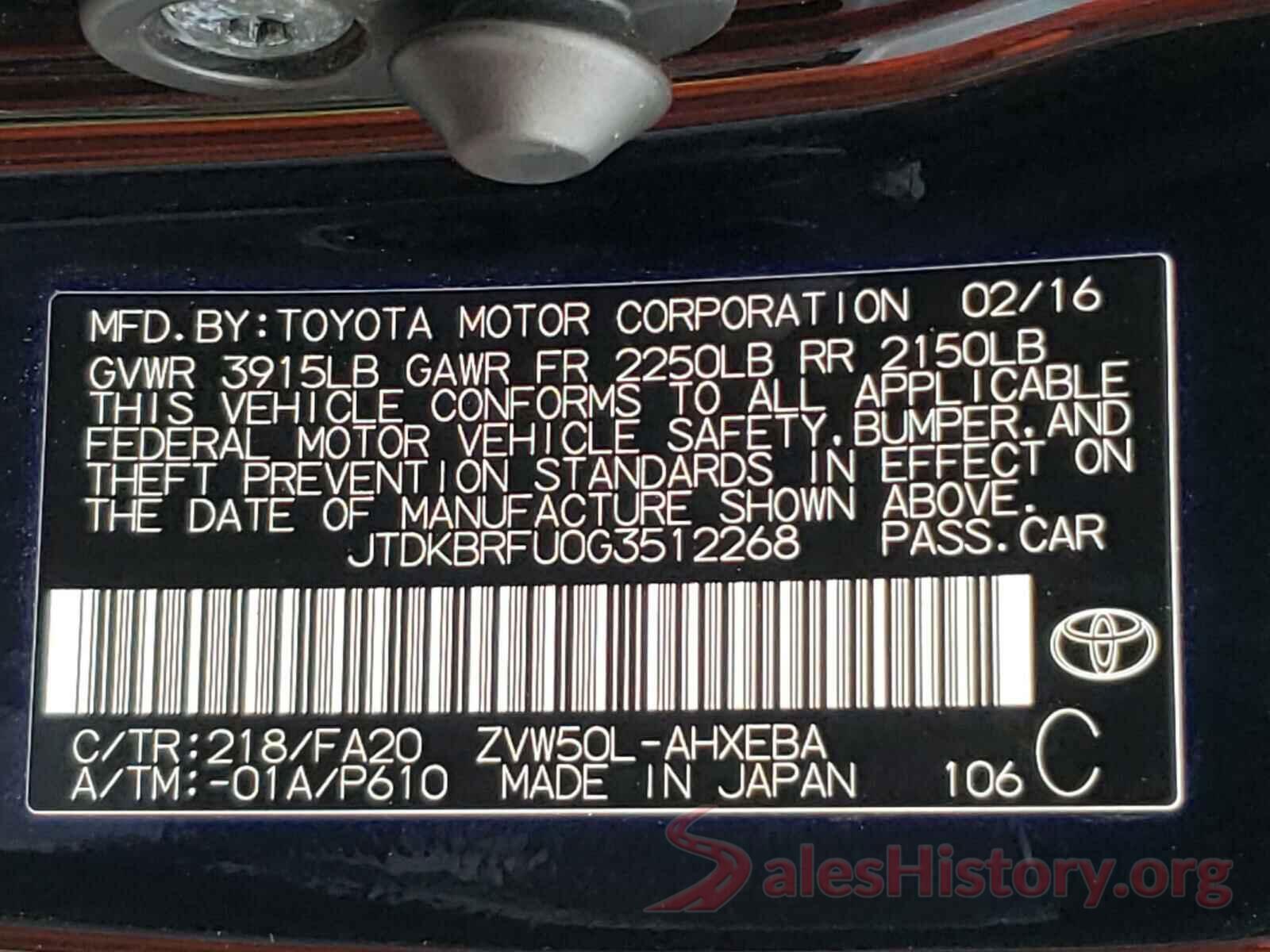 JTDKBRFU0G3512268 2016 TOYOTA PRIUS