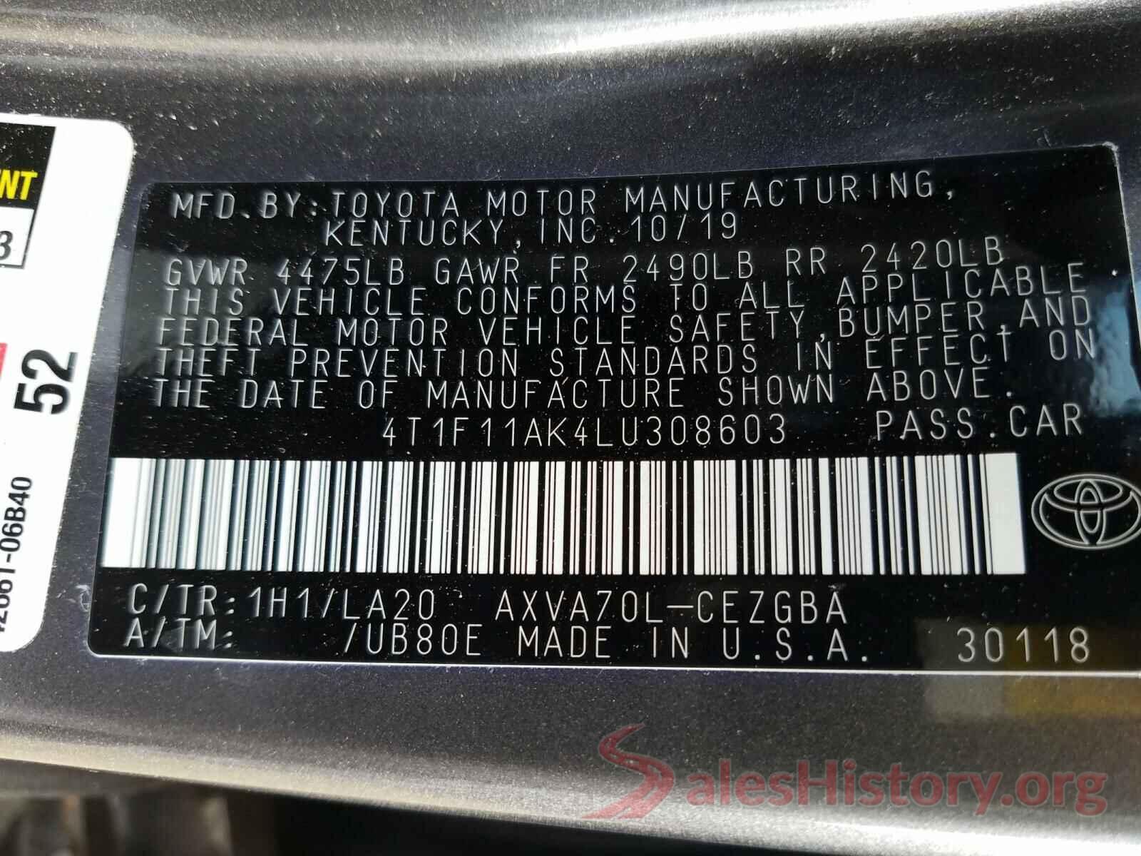 4T1F11AK4LU308603 2020 TOYOTA CAMRY