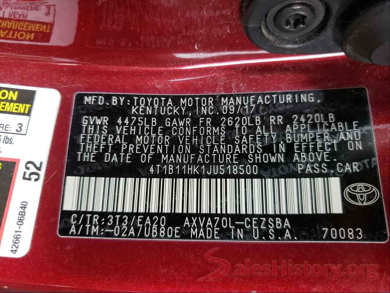 4T1B11HK1JU518500 2018 TOYOTA CAMRY