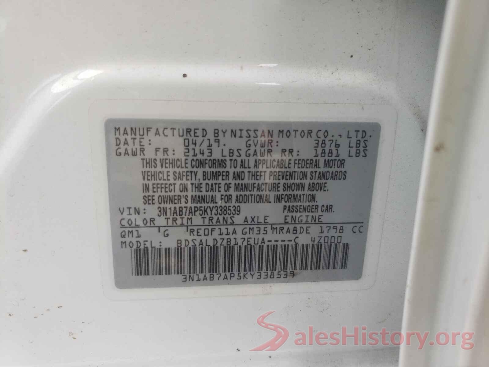 3N1AB7AP5KY338539 2019 NISSAN SENTRA