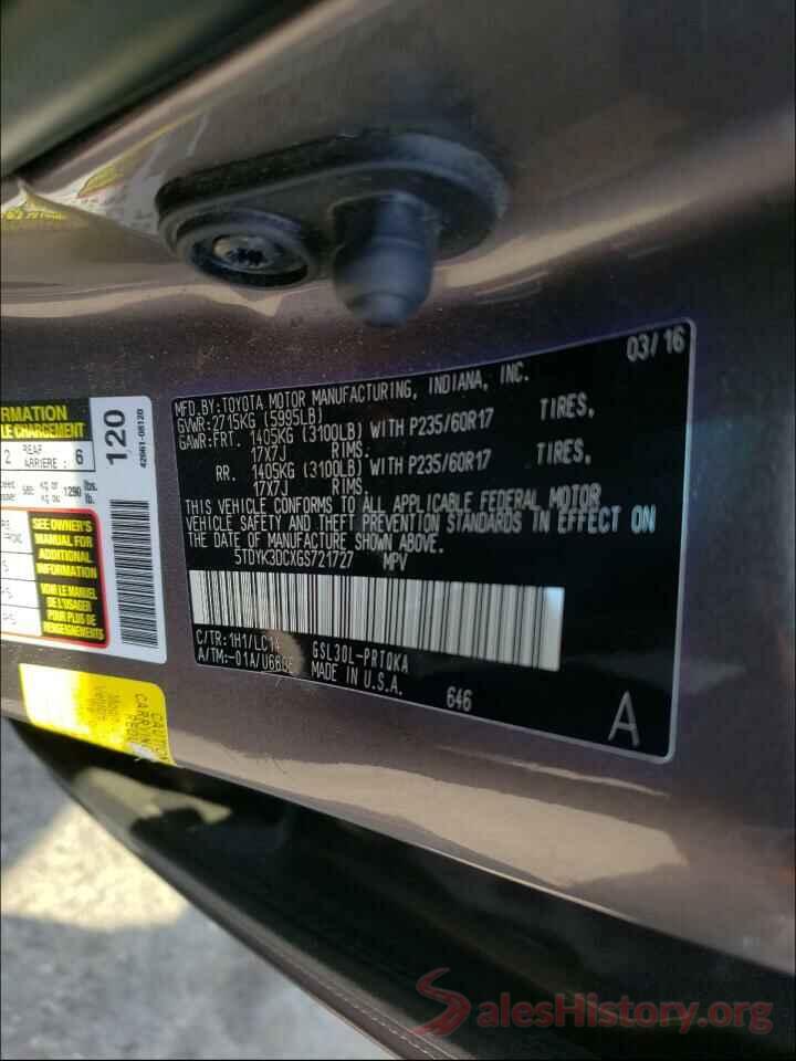 5TDYK3DCXGS721727 2016 TOYOTA SIENNA