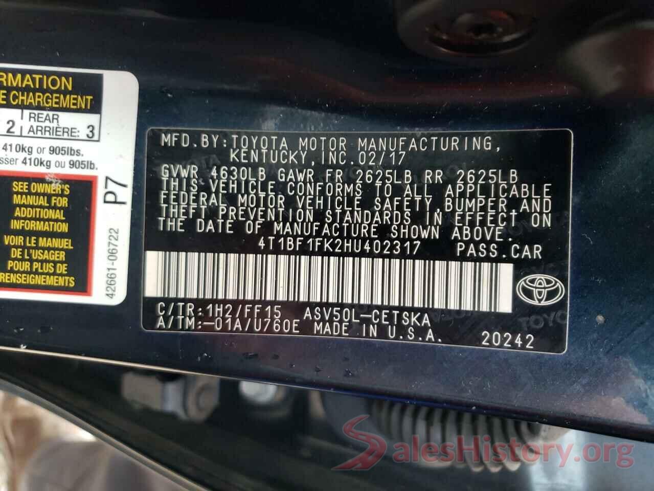 4T1BF1FK2HU402317 2017 TOYOTA CAMRY