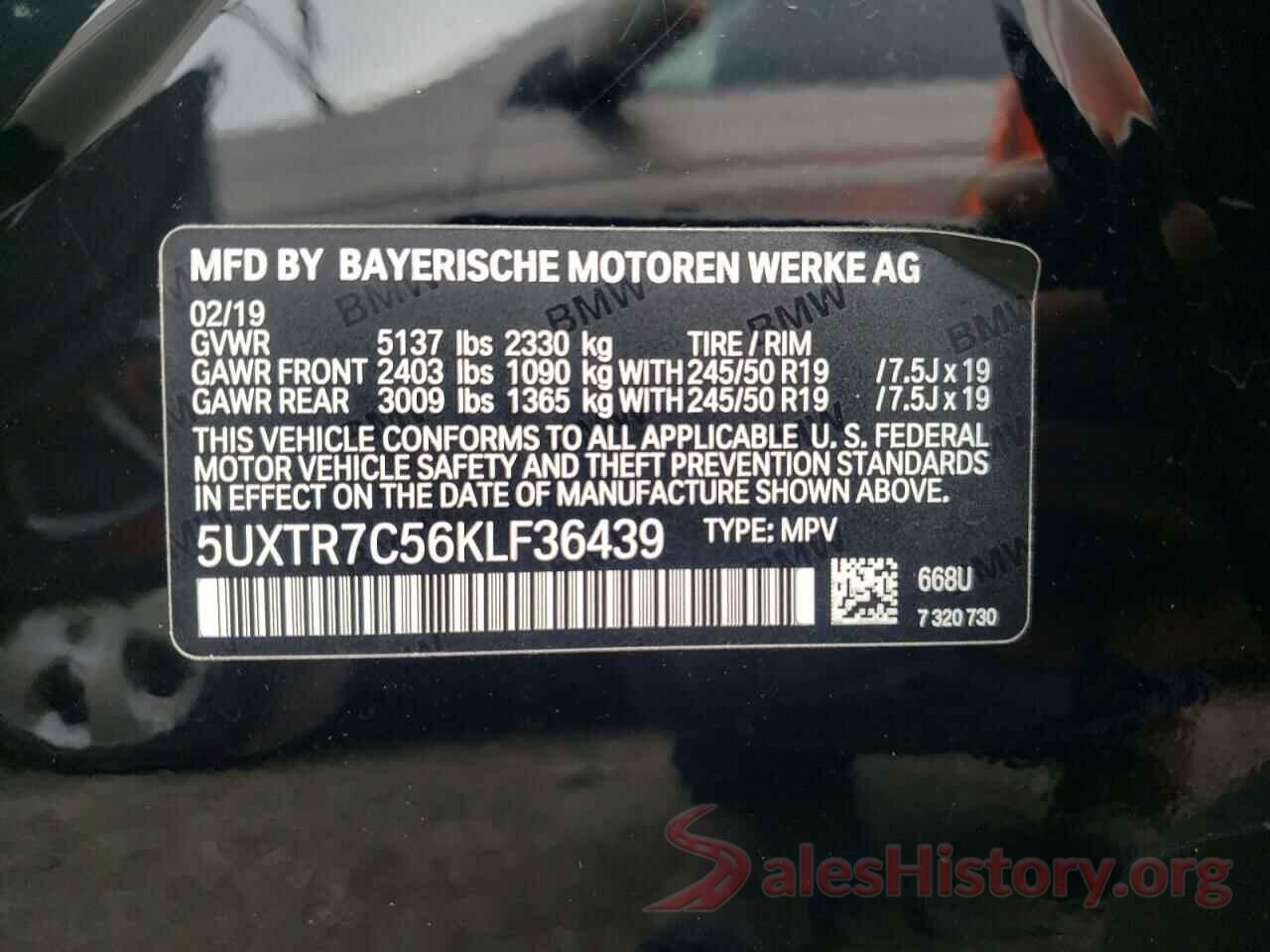 5UXTR7C56KLF36439 2019 BMW X3