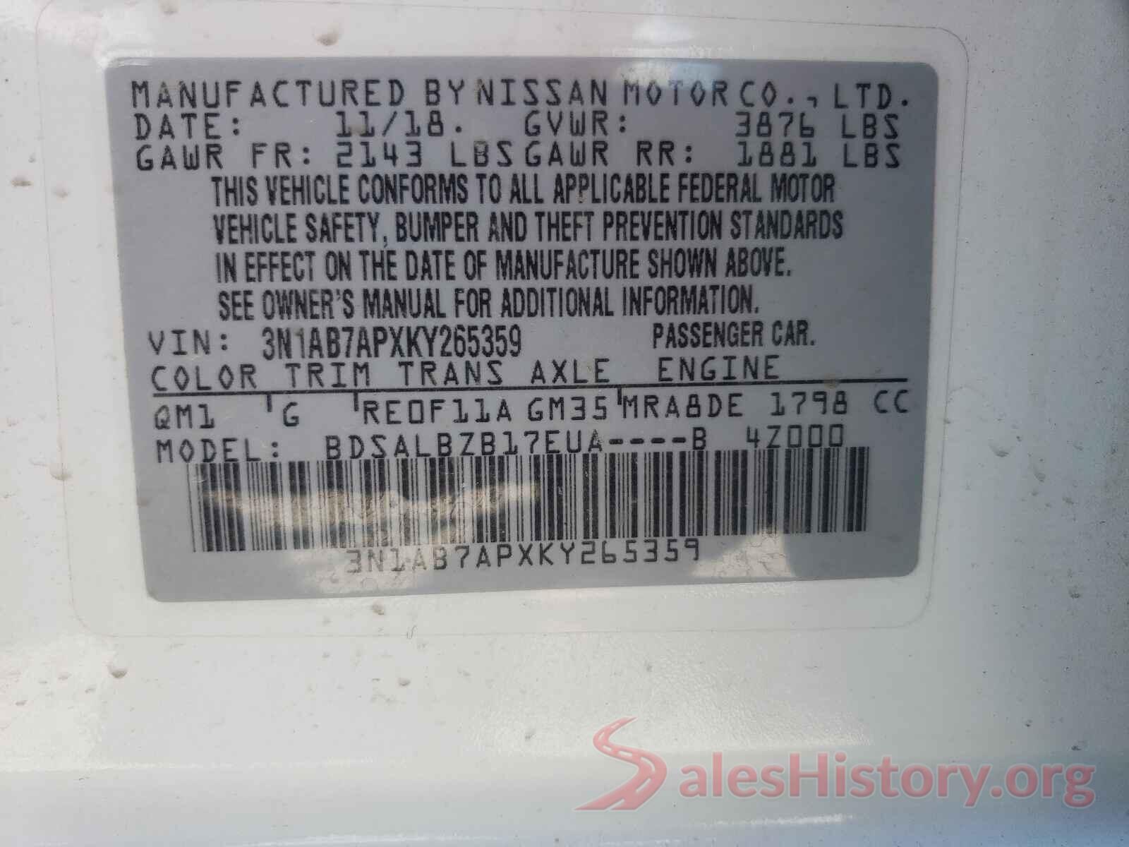 3N1AB7APXKY265359 2019 NISSAN SENTRA