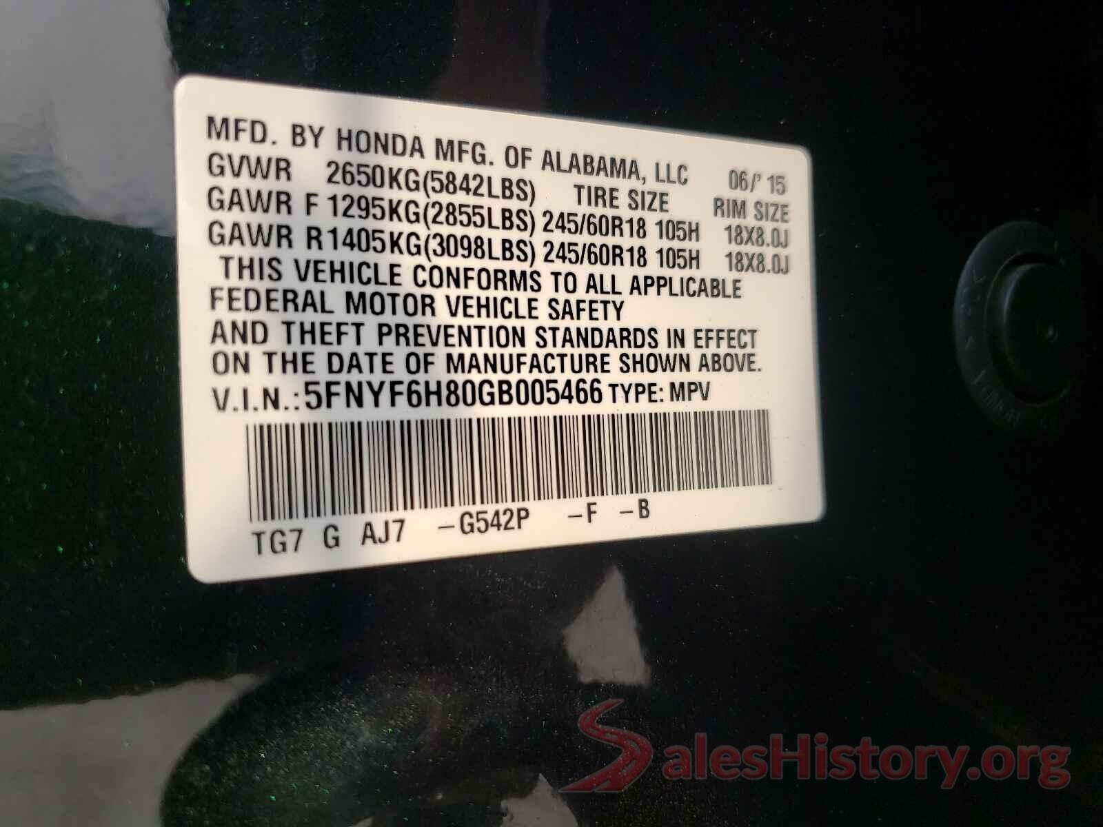 5FNYF6H80GB005466 2016 HONDA PILOT