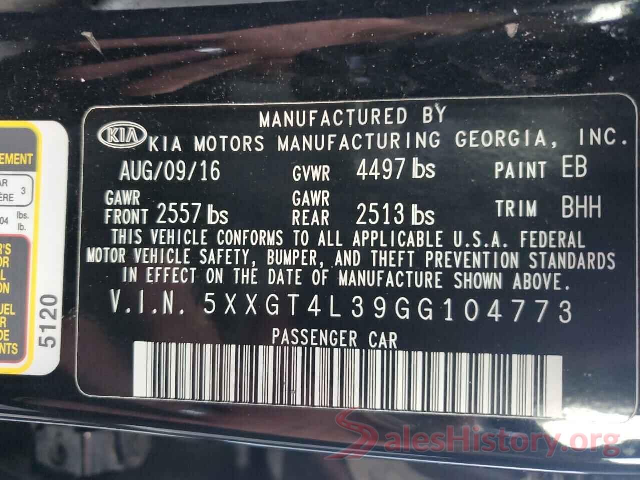 5XXGT4L39GG104773 2016 KIA OPTIMA