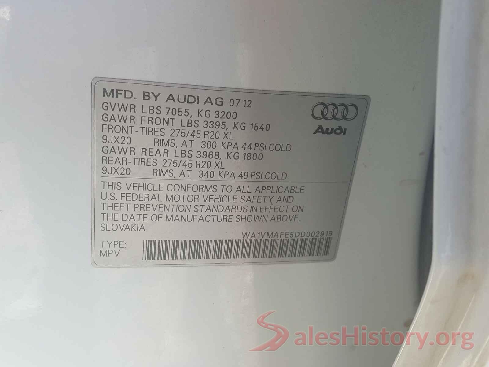 WA1VMAFE5DD002919 2013 AUDI Q7