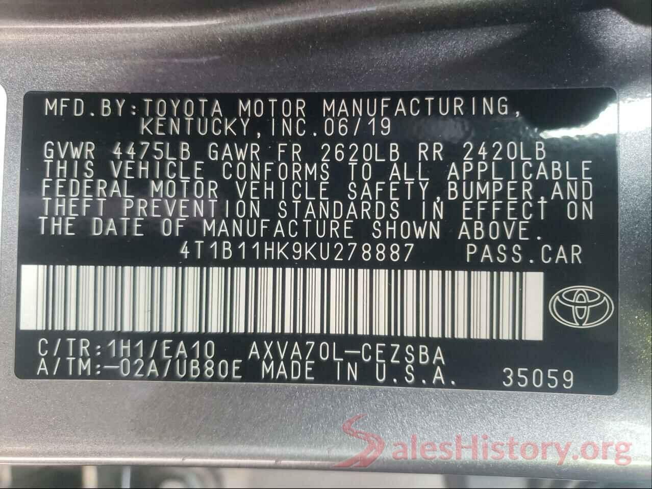 4T1B11HK9KU278887 2019 TOYOTA CAMRY