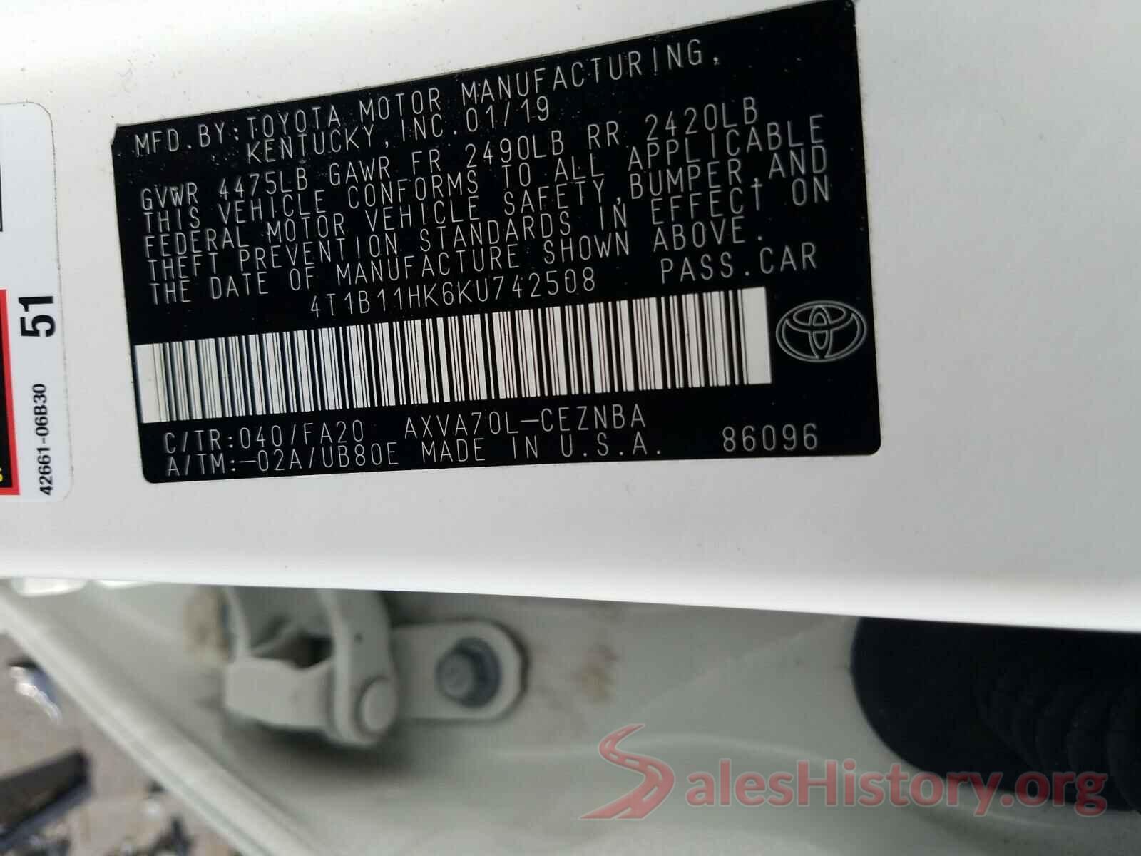 4T1B11HK6KU742508 2019 TOYOTA CAMRY