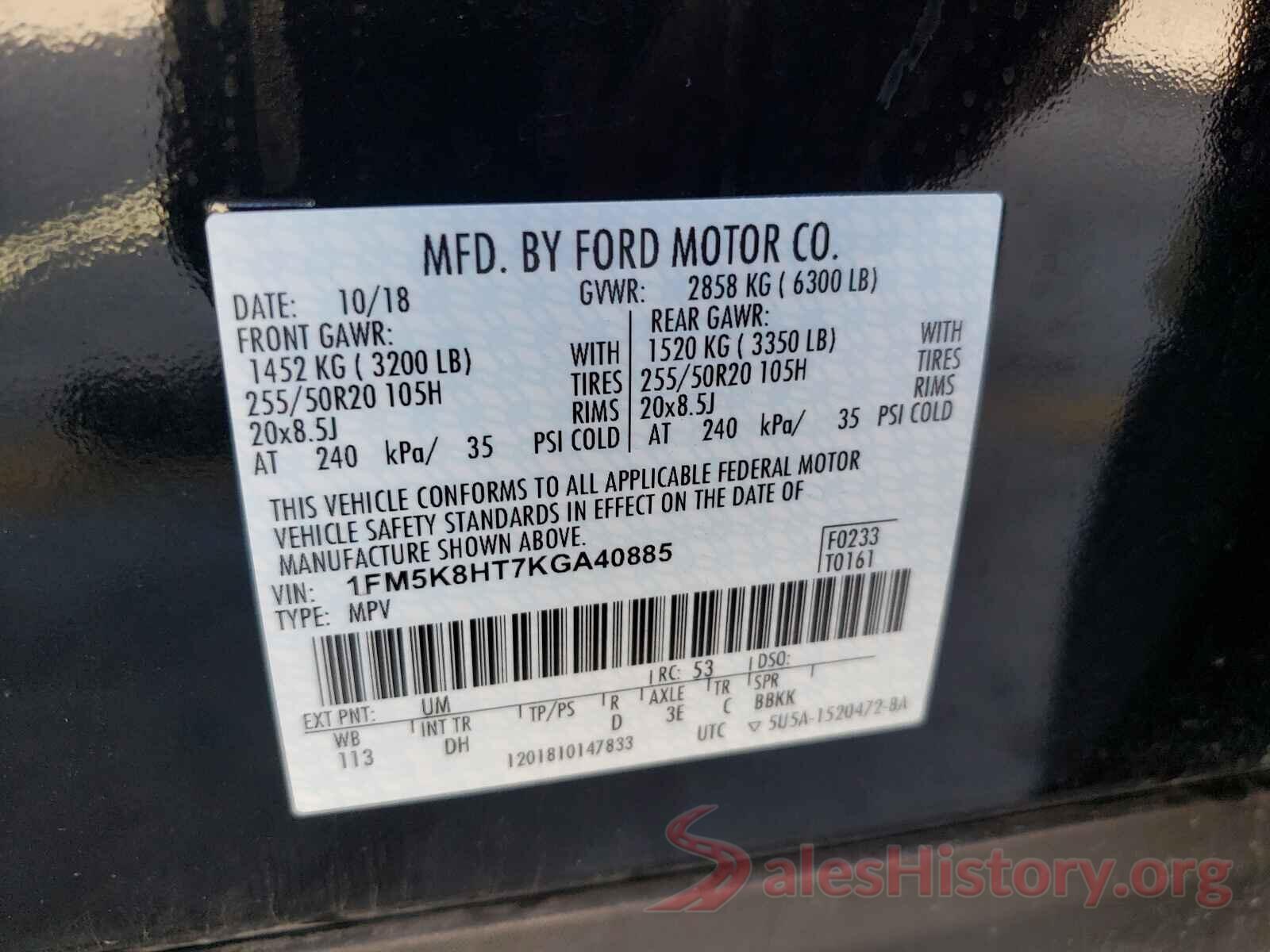 1FM5K8HT7KGA40885 2019 FORD EXPLORER