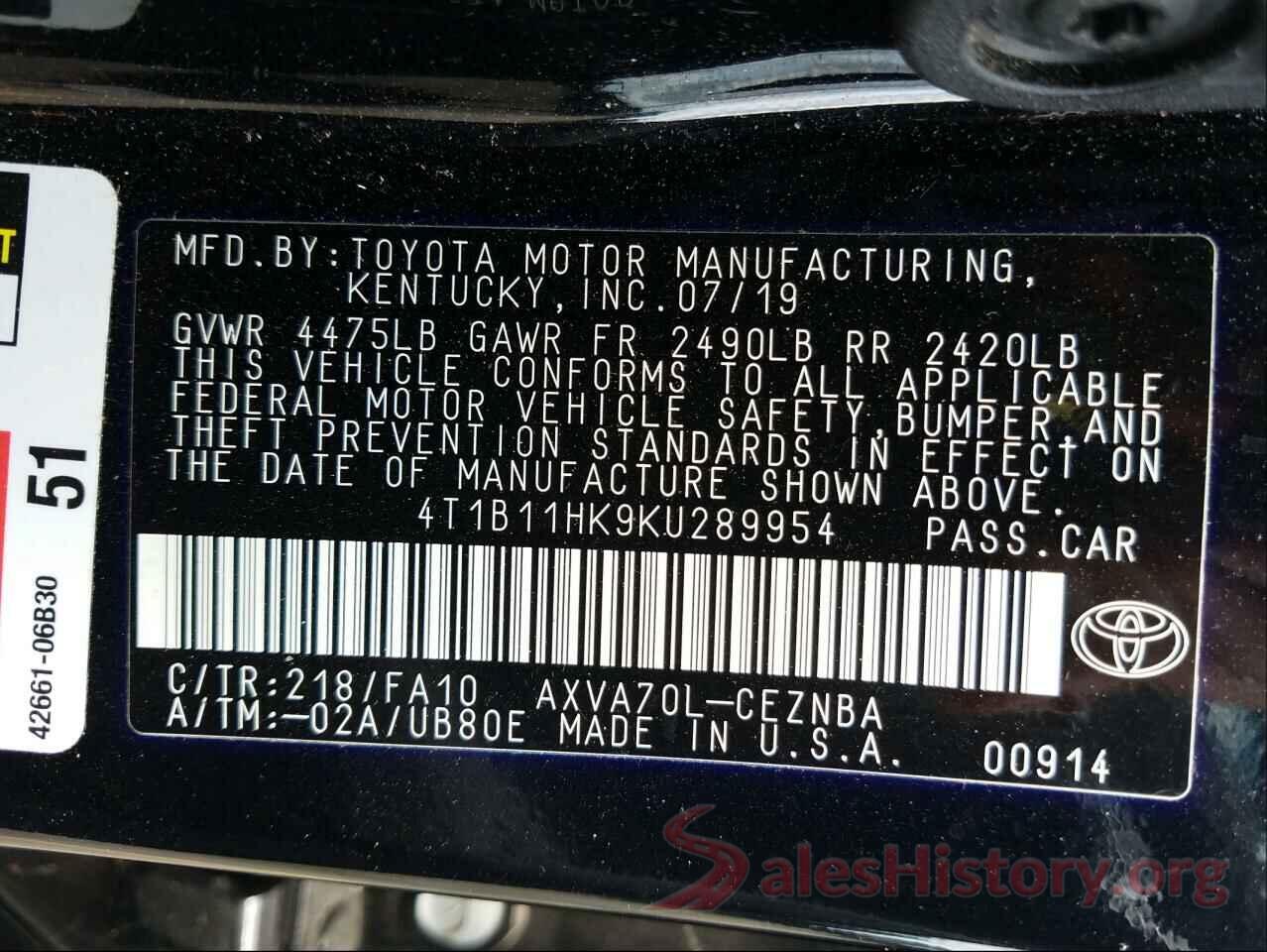 4T1B11HK9KU289954 2019 TOYOTA CAMRY