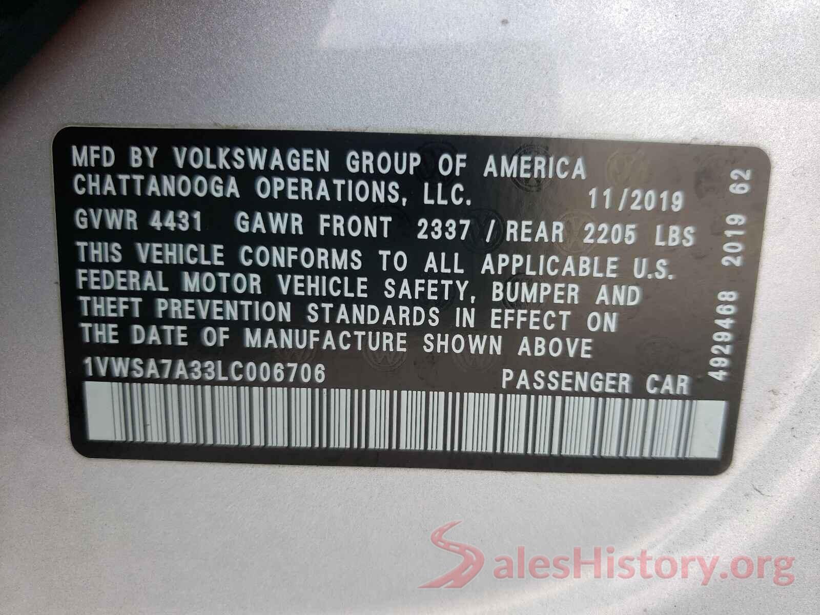 1VWSA7A33LC006706 2020 VOLKSWAGEN PASSAT