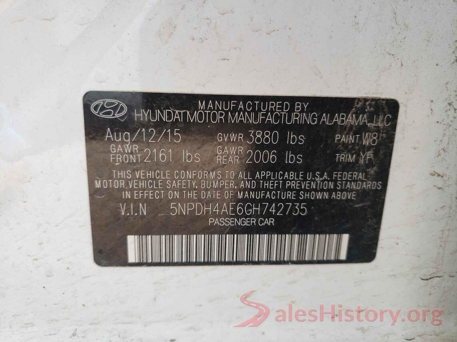 5NPDH4AE6GH742735 2016 HYUNDAI ELANTRA