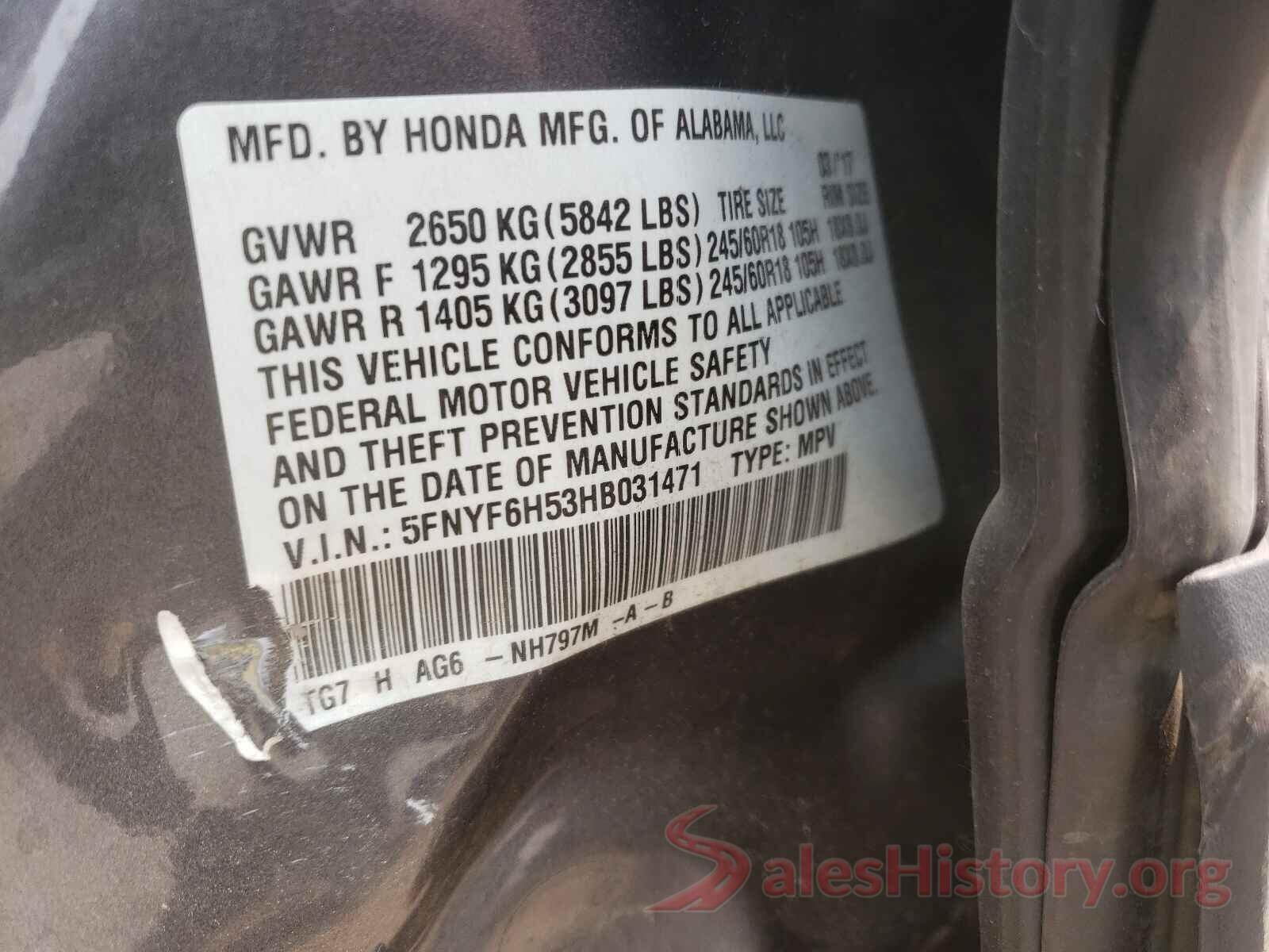 5FNYF6H53HB031471 2017 HONDA PILOT