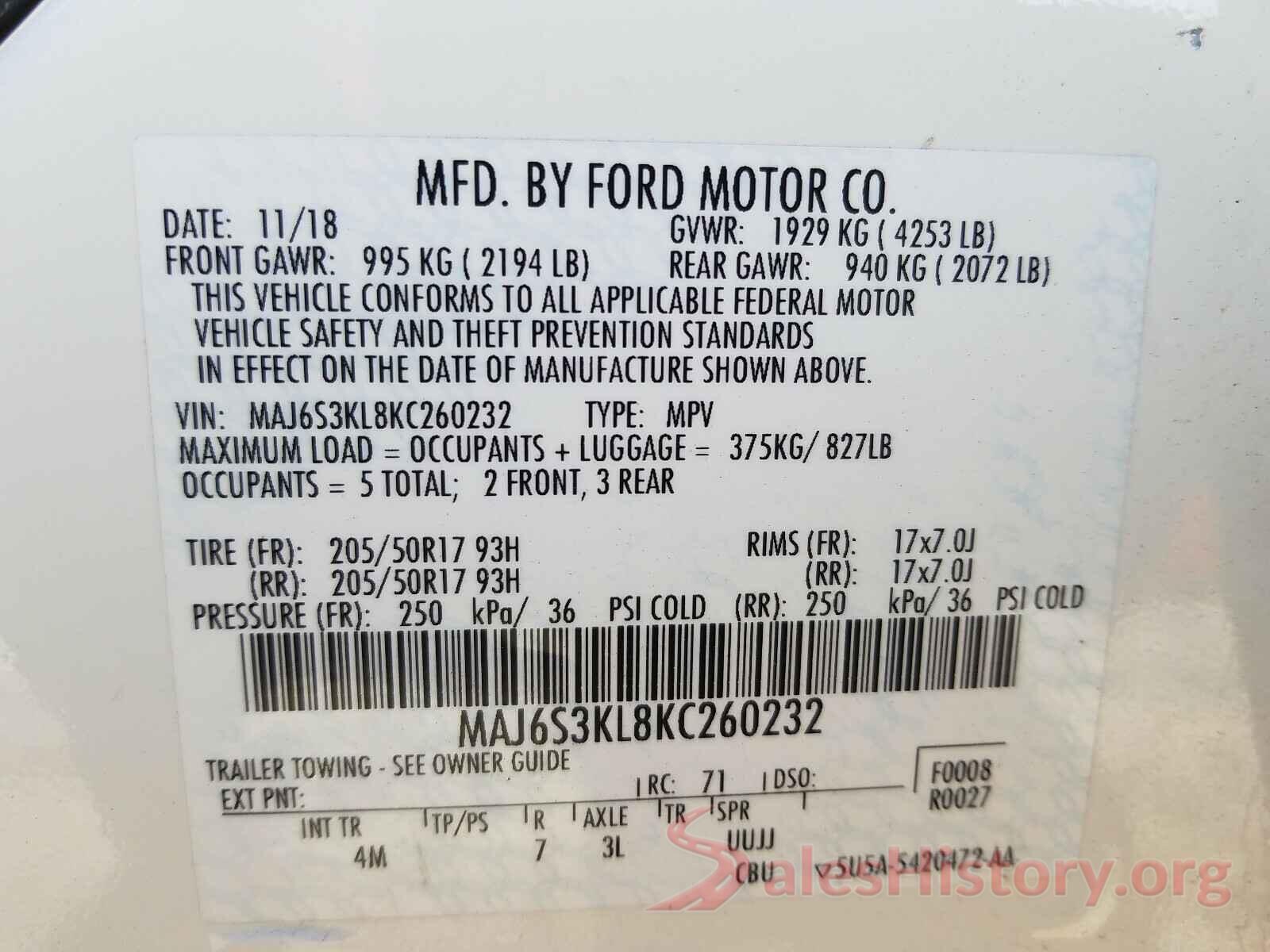 MAJ6S3KL8KC260232 2019 FORD ALL OTHER