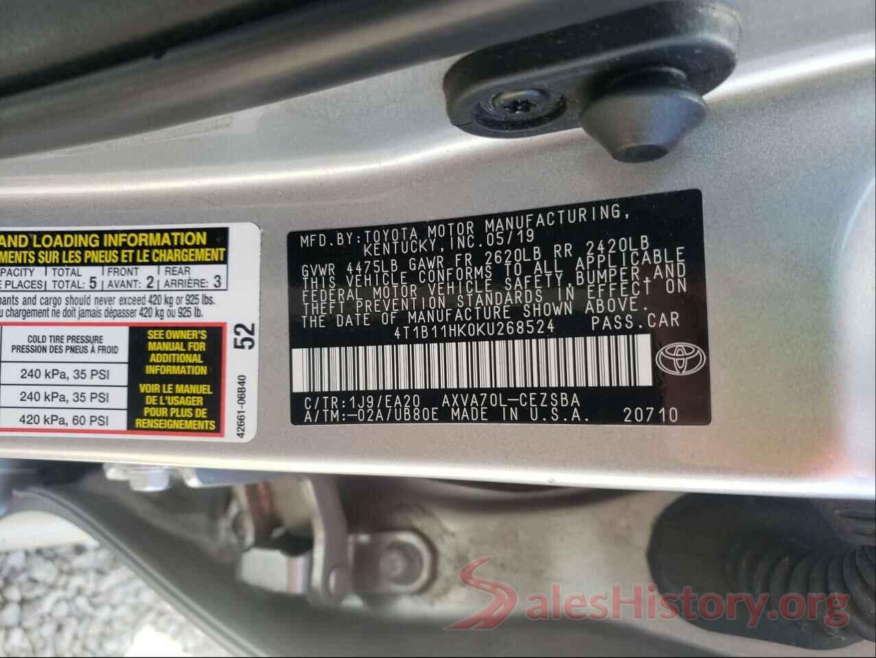 4T1B11HK0KU268524 2019 TOYOTA CAMRY