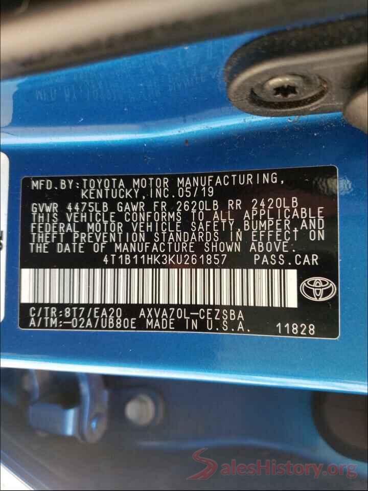 4T1B11HK3KU261857 2019 TOYOTA CAMRY