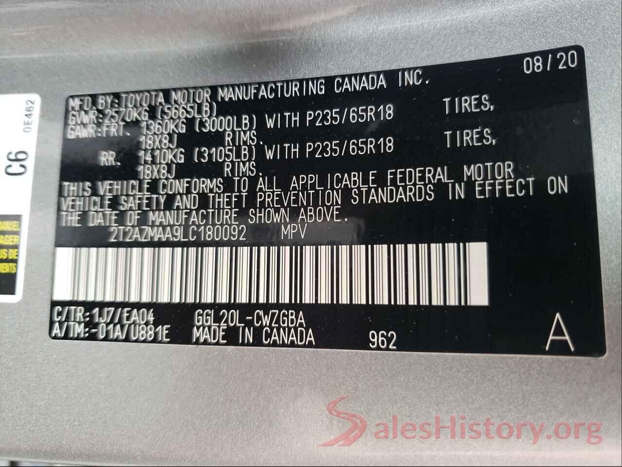 2T2AZMAA9LC180092 2020 LEXUS RX350