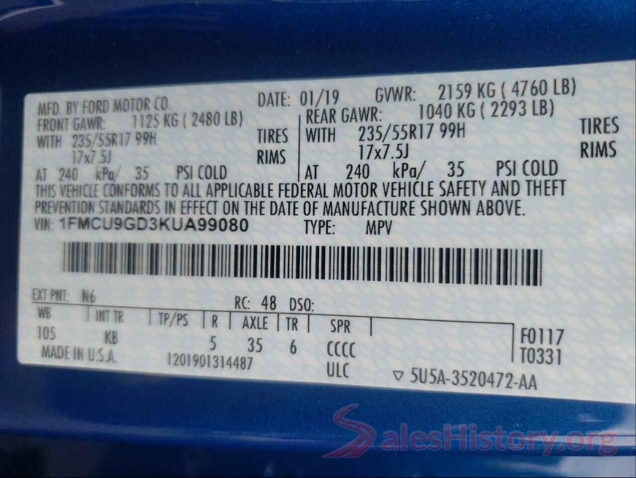 1FMCU9GD3KUA99080 2019 FORD ESCAPE