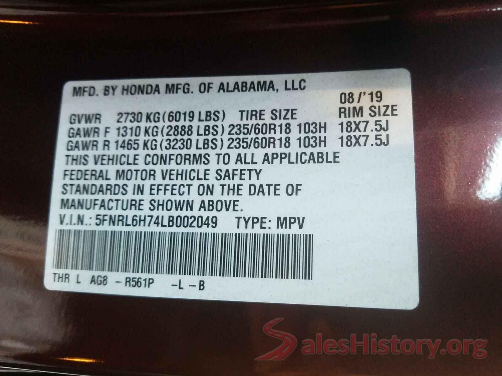 5FNRL6H74LB002049 2020 HONDA ODYSSEY