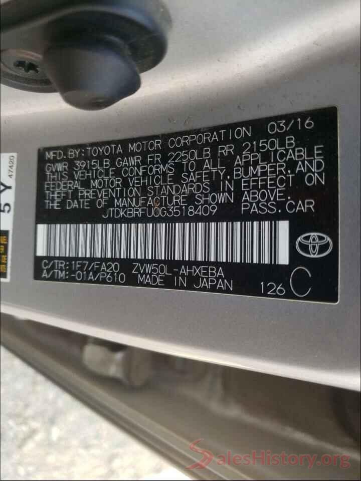 JTDKBRFU0G3518409 2016 TOYOTA PRIUS