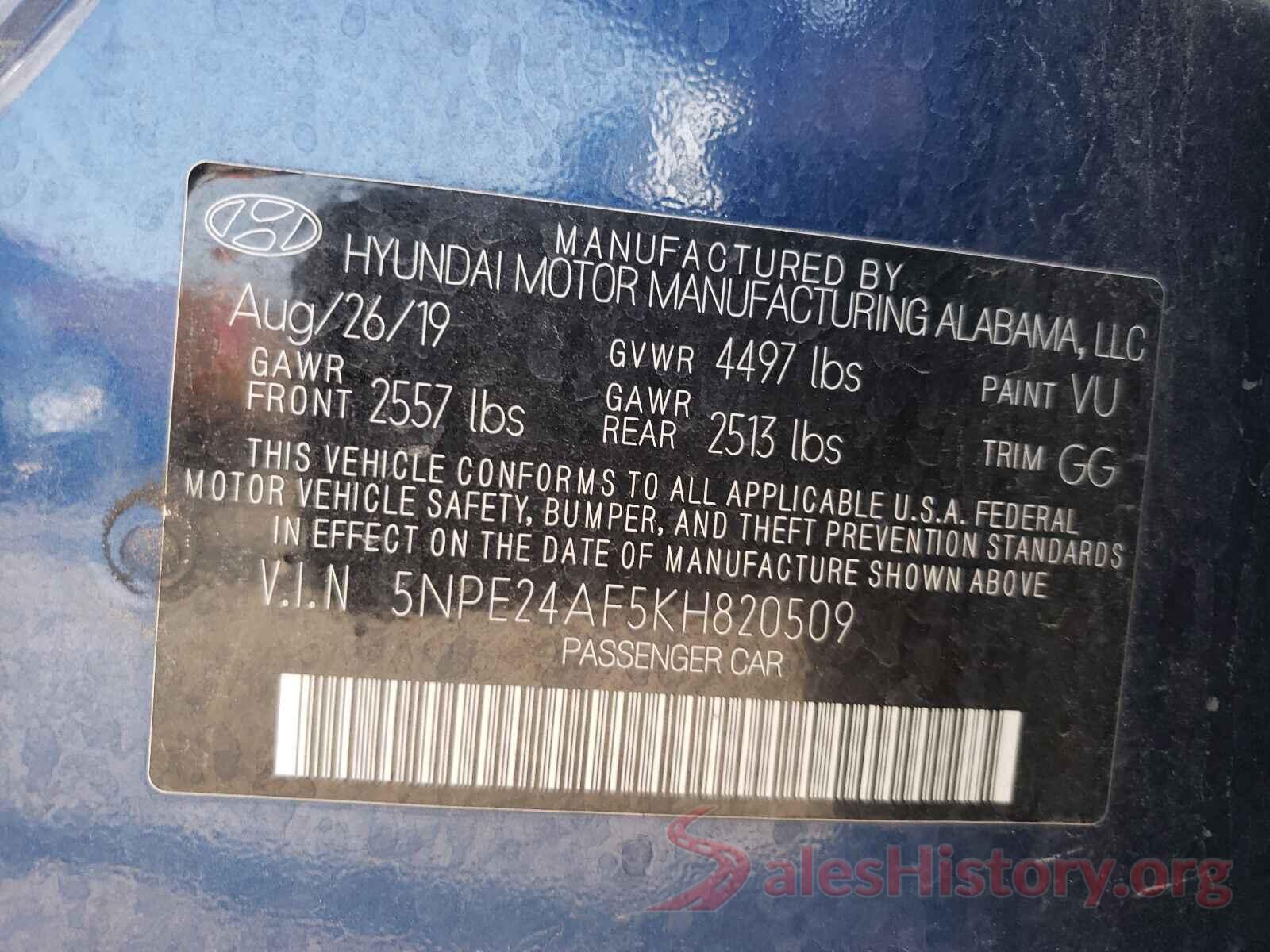 5NPE24AF5KH820509 2019 HYUNDAI SONATA