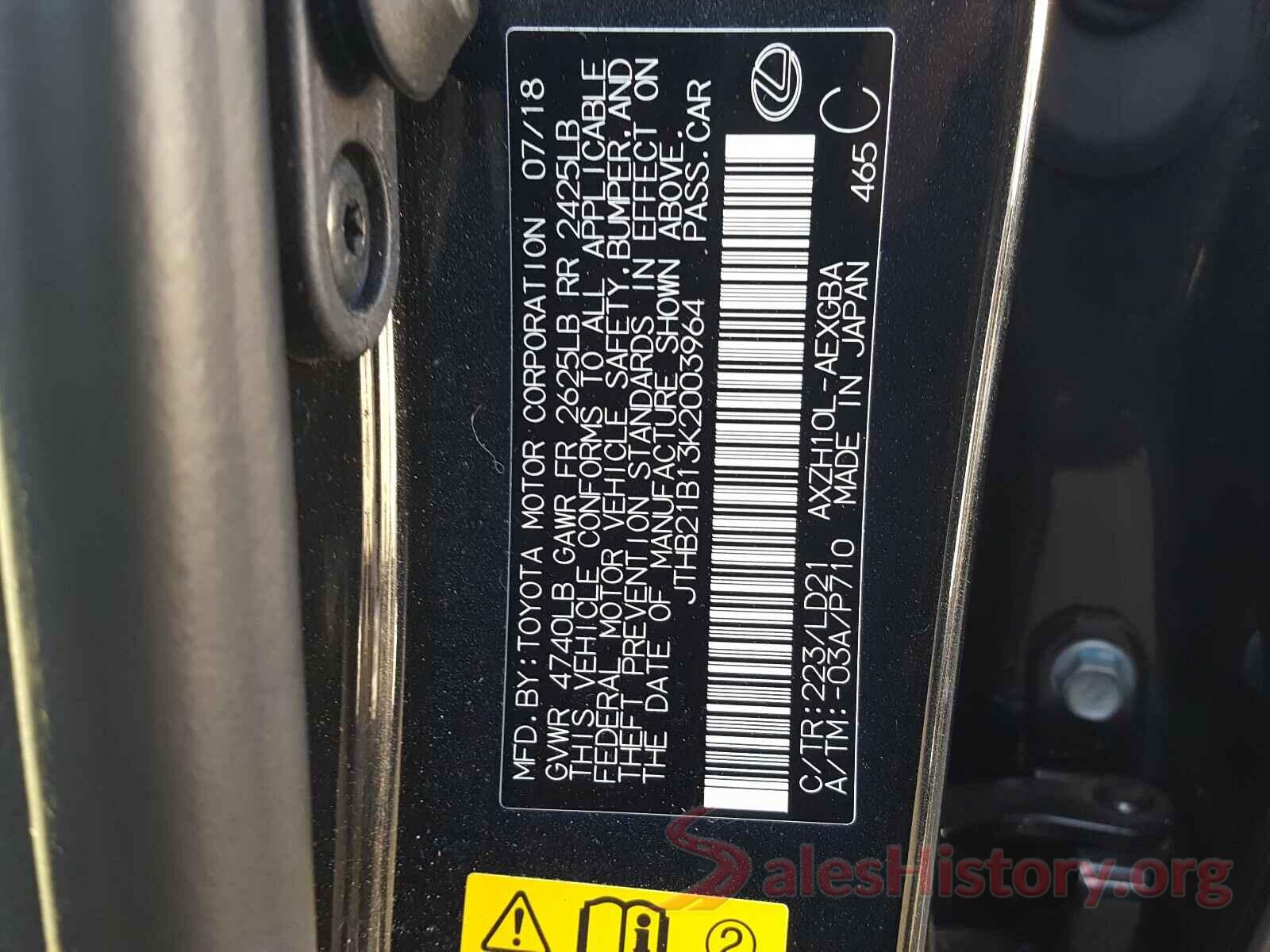 JTHB21B13K2003964 2019 LEXUS ES300