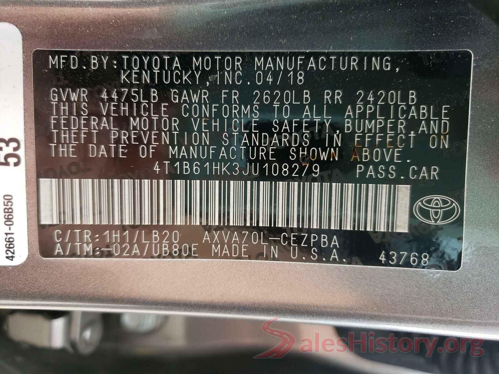 4T1B61HK3JU108279 2018 TOYOTA CAMRY