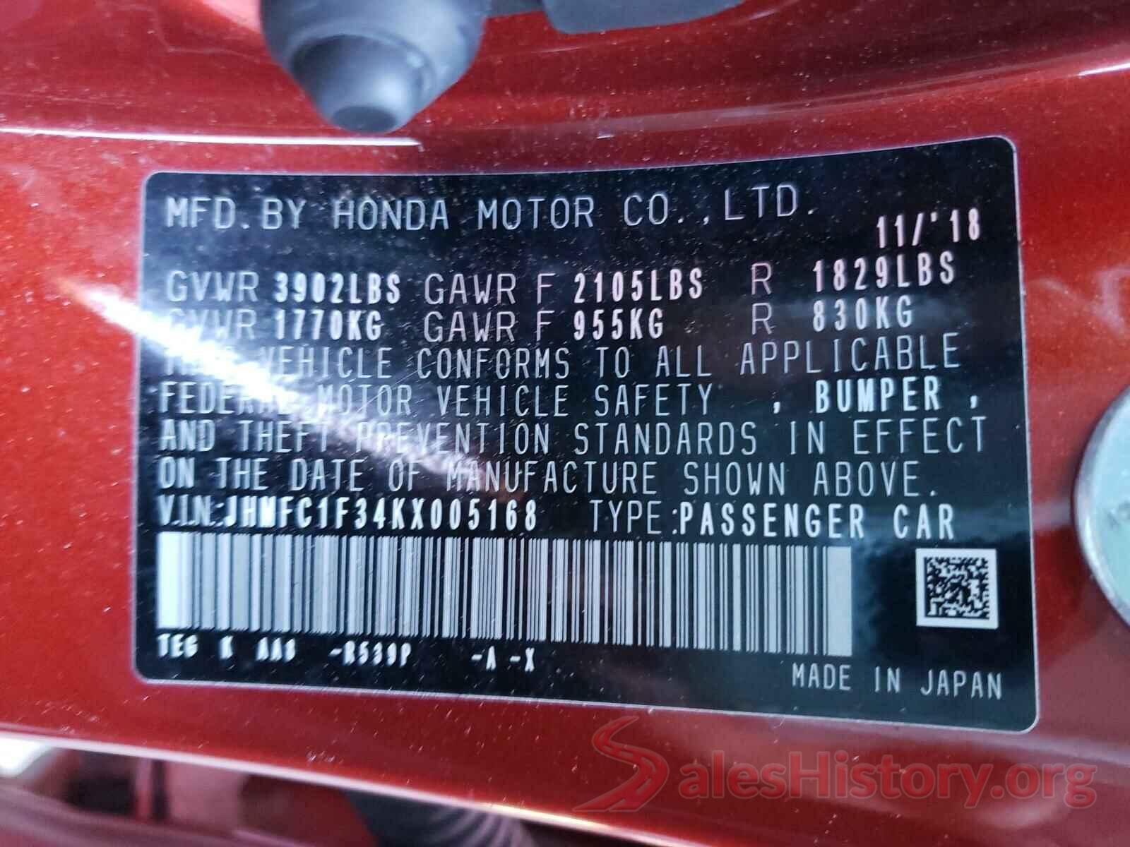 JHMFC1F34KX005168 2019 HONDA CIVIC