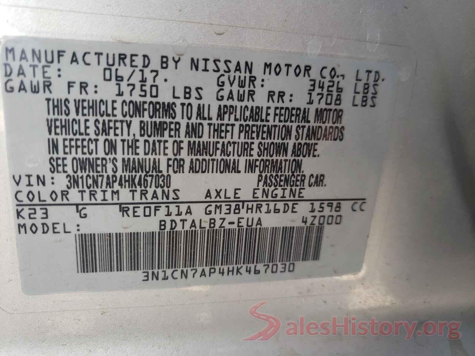 3N1CN7AP4HK467030 2017 NISSAN VERSA