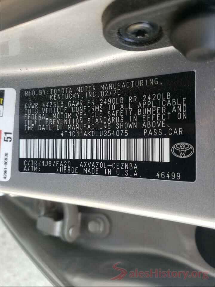 4T1C11AK0LU354075 2020 TOYOTA CAMRY