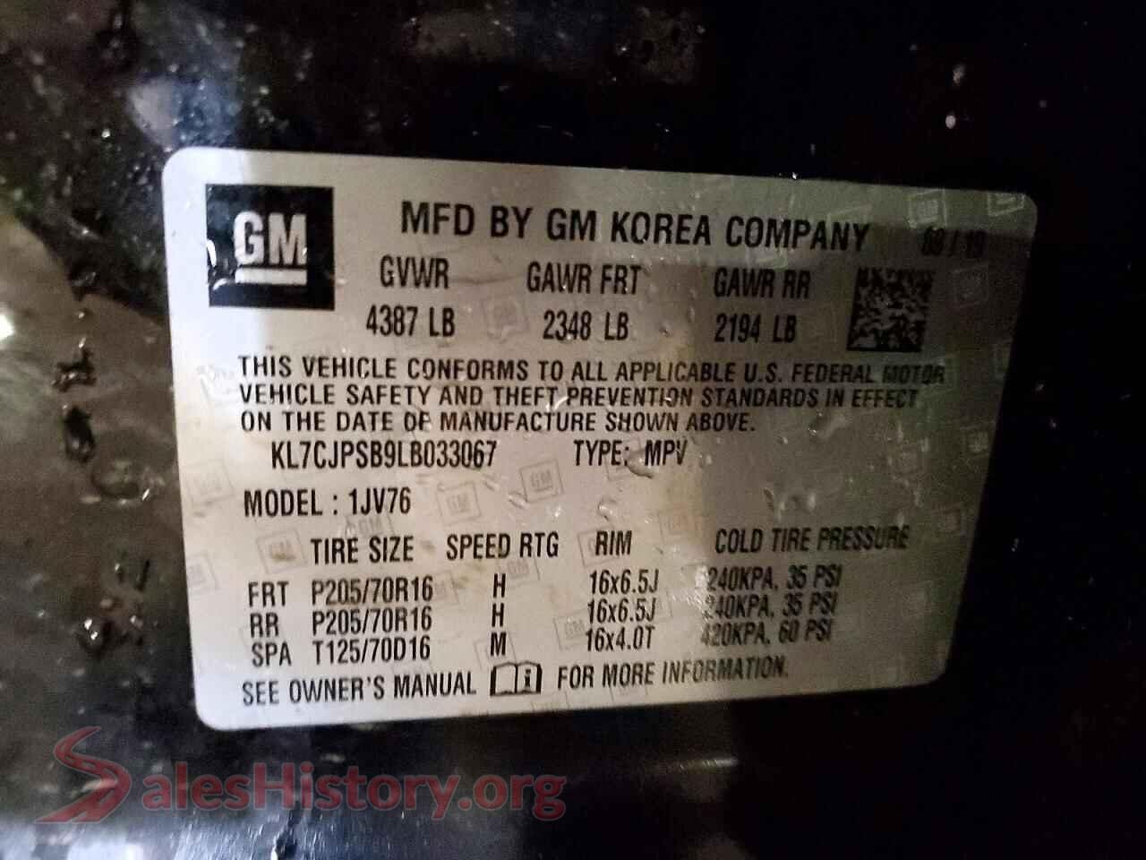 2020 CHEVROLET TRAX VIN KL7CJPSB9LB033067, damage close-up