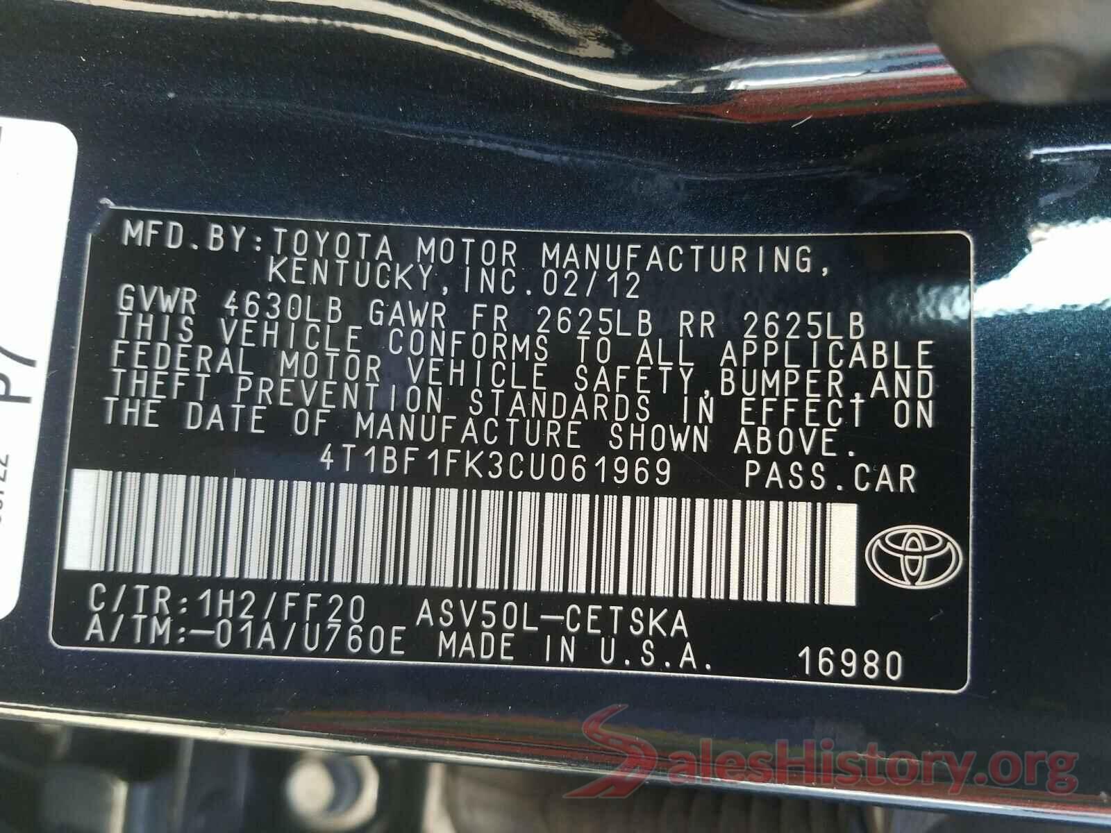 4T1BF1FK3CU061969 2012 TOYOTA CAMRY