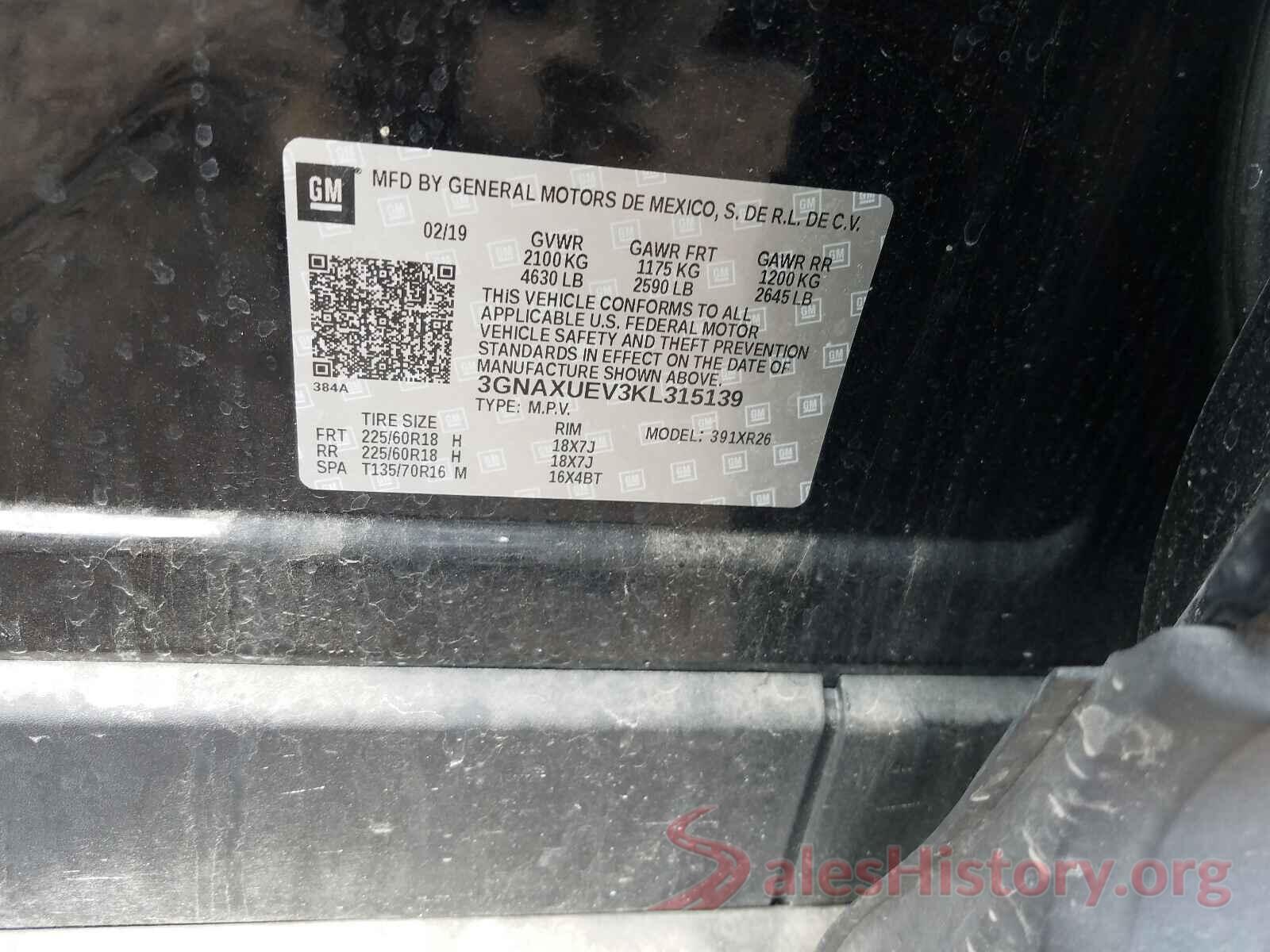 3GNAXUEV3KL315139 2019 CHEVROLET EQUINOX