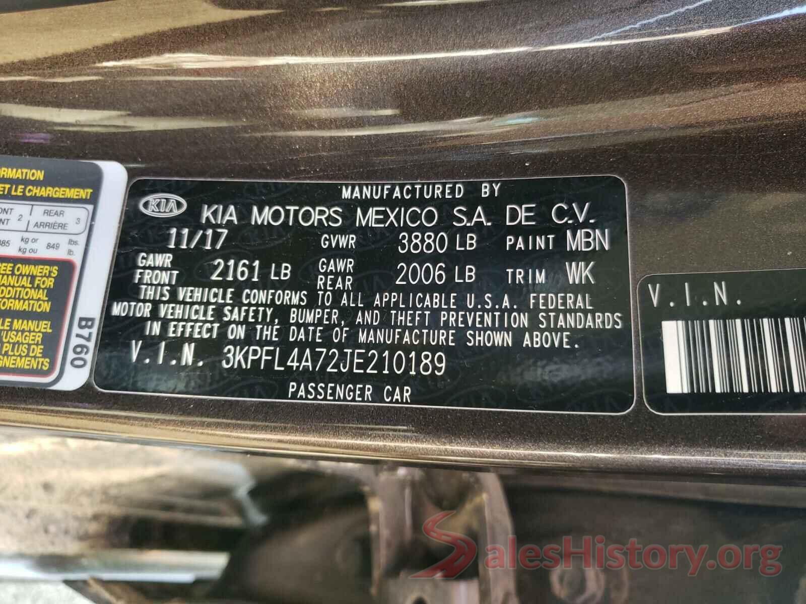 3KPFL4A72JE210189 2018 KIA FORTE