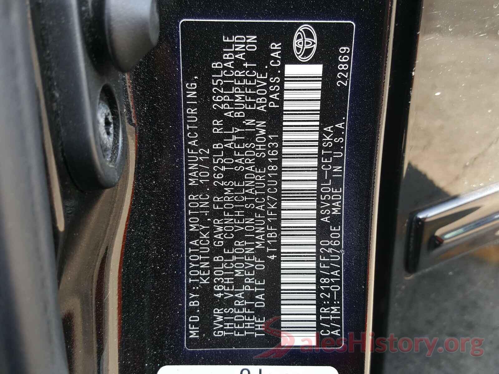 4T1BF1FK7CU181631 2012 TOYOTA CAMRY