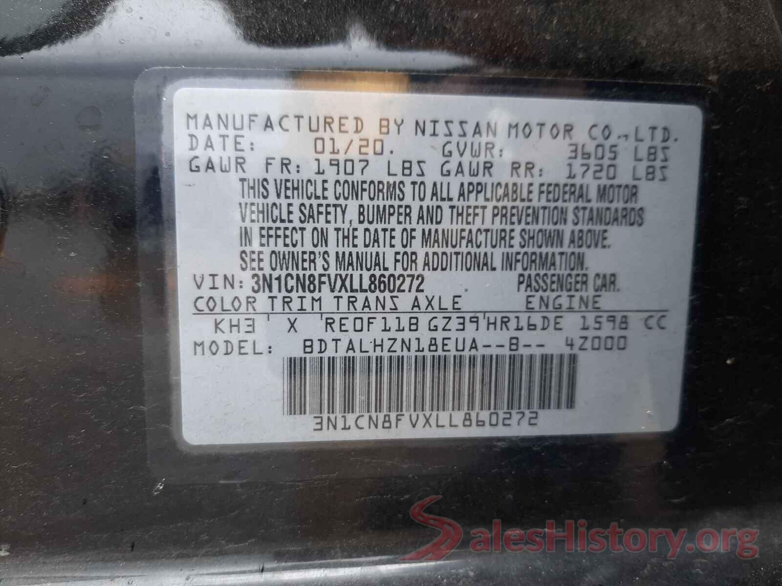 3N1CN8FVXLL860272 2020 NISSAN VERSA