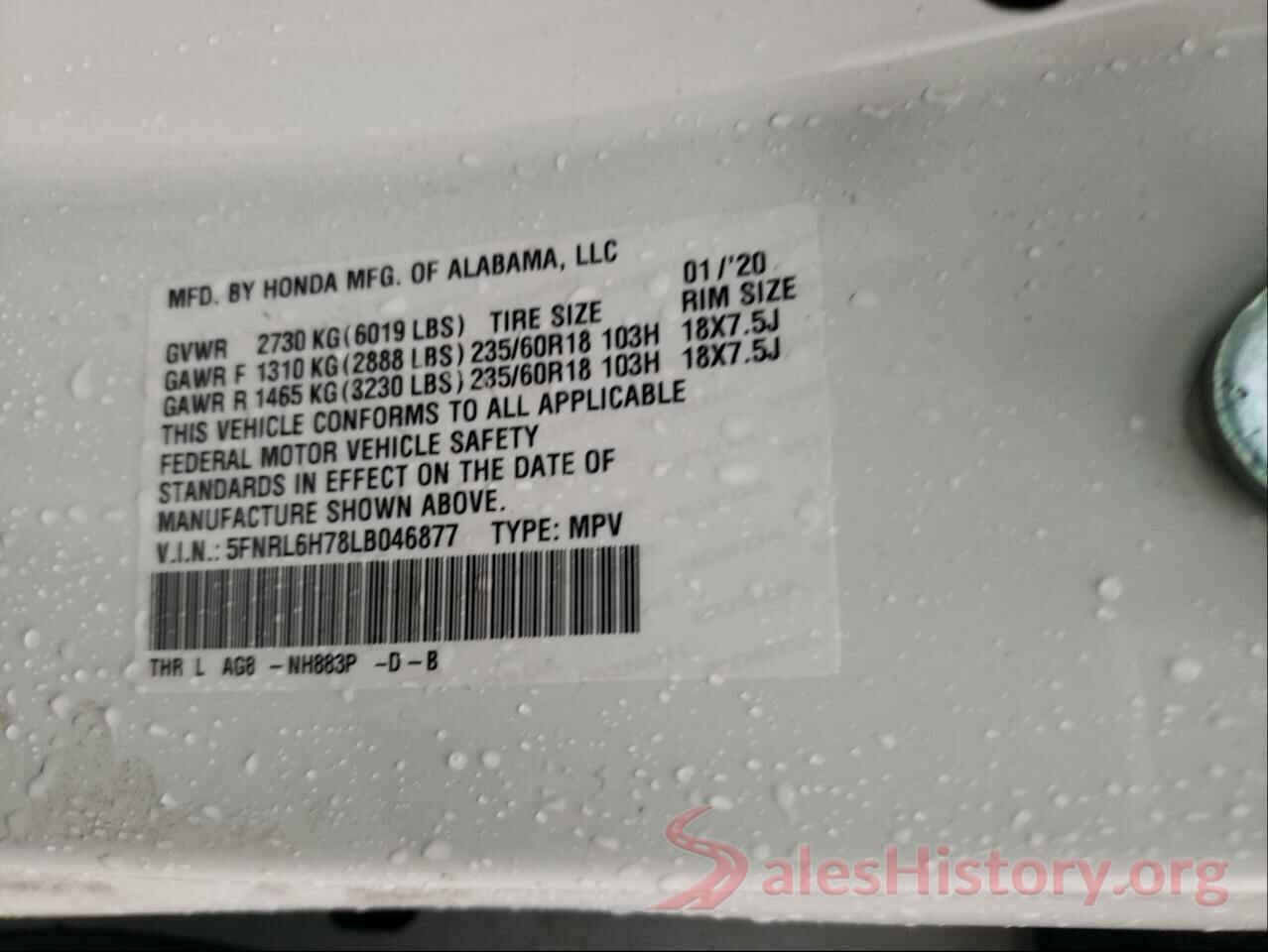 5FNRL6H78LB046877 2020 HONDA ODYSSEY