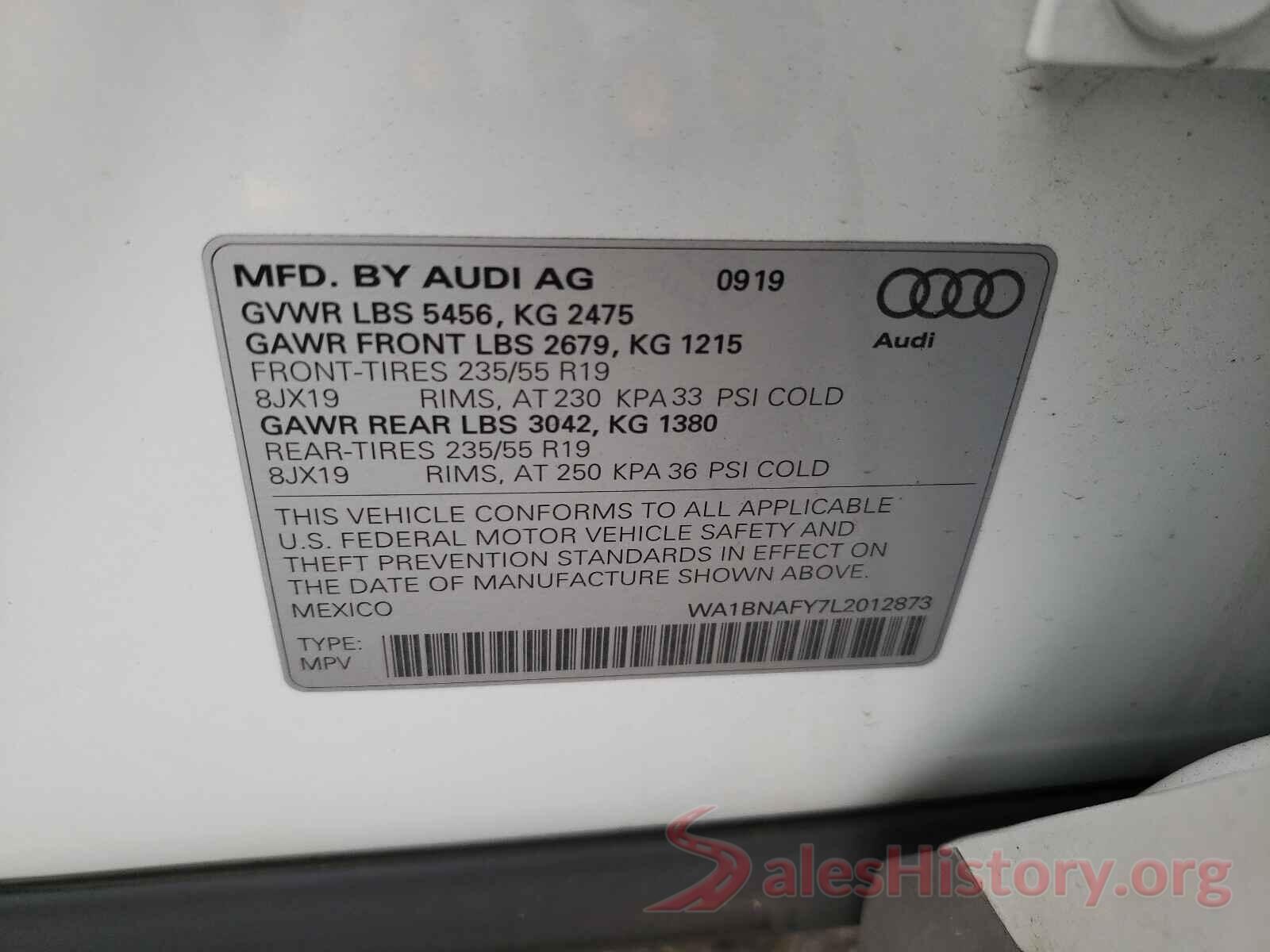 WA1BNAFY7L2012873 2020 AUDI Q5