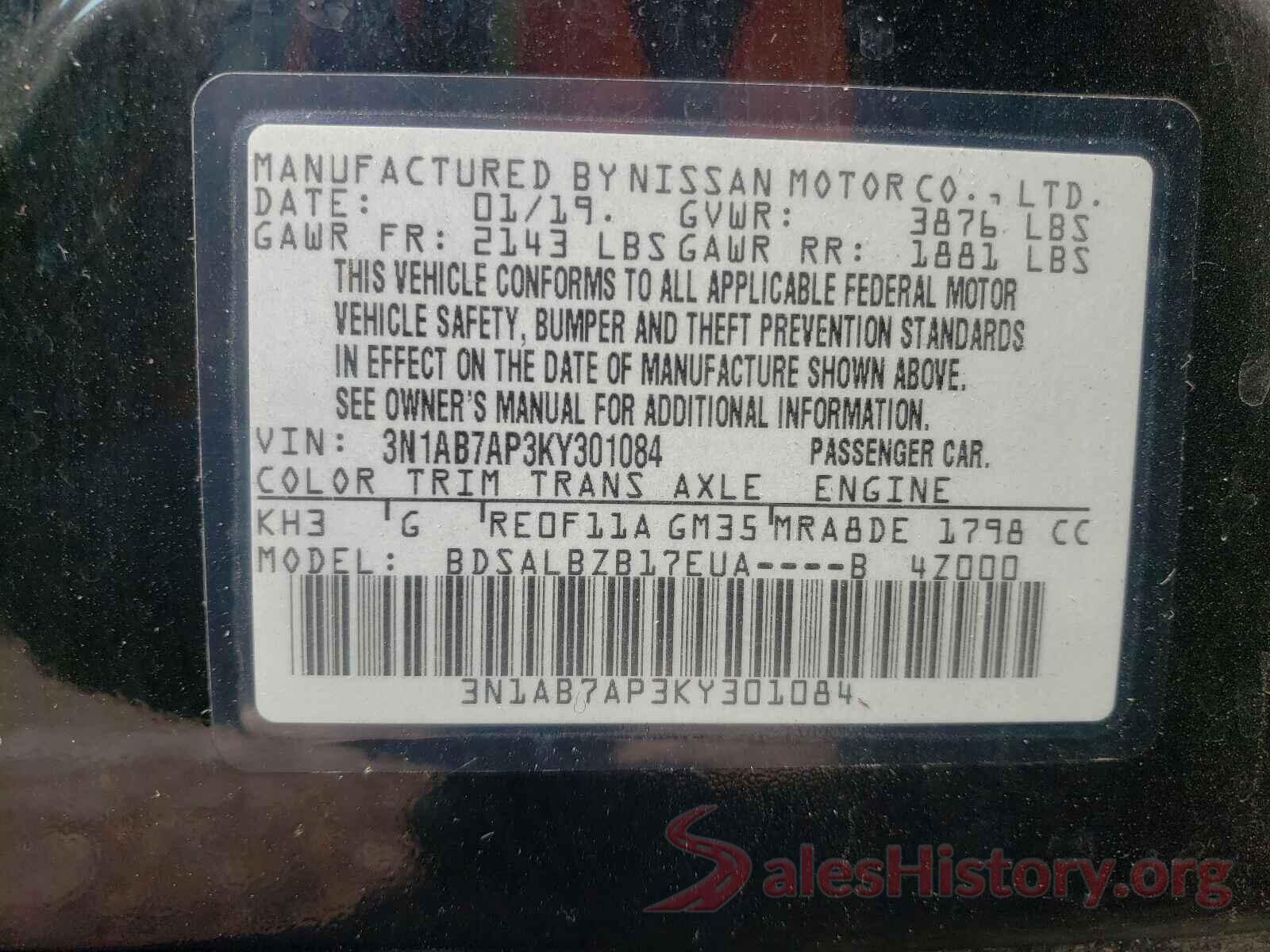 3N1AB7AP3KY301084 2019 NISSAN SENTRA