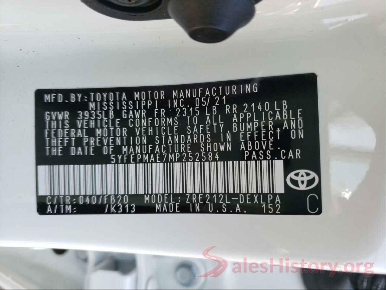 5YFEPMAE7MP252584 2021 TOYOTA COROLLA