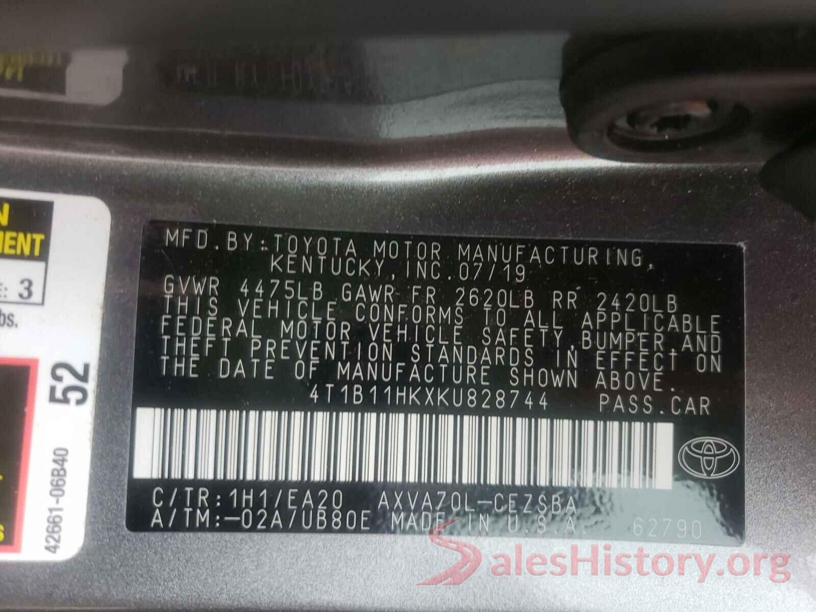 4T1B11HKXKU828744 2019 TOYOTA CAMRY